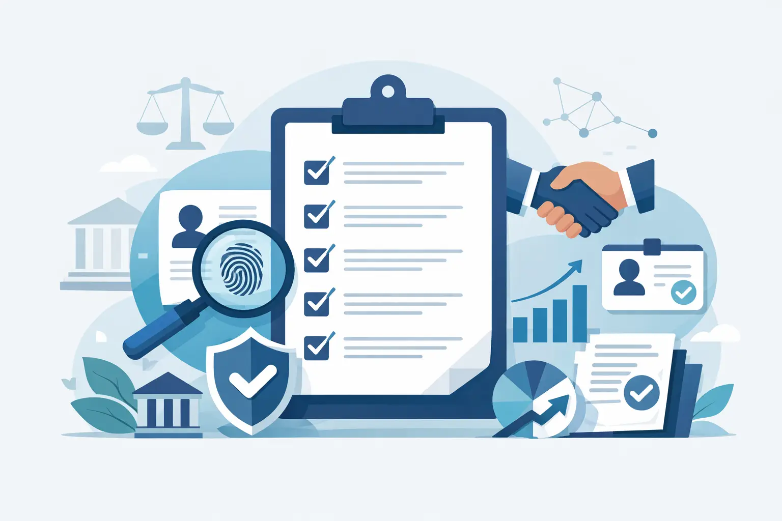 Checkliste mit 5 Nachweisen für BFSG-Compliance, umgeben von Symbolen für Prüfung, Sicherheit und Dokumentation