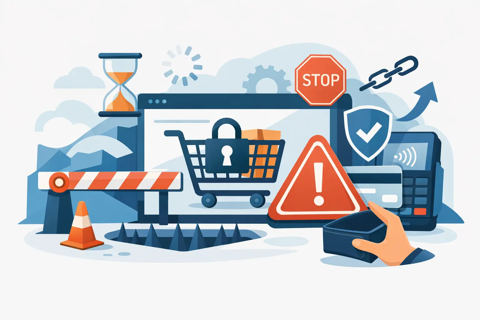 9 kritische Checkout-Barrieren im Shop: Warenkorb mit Schloss, Warnsymbol, Sanduhr und Stop-Schild als Sinnbild für Hürden im Kaufprozess