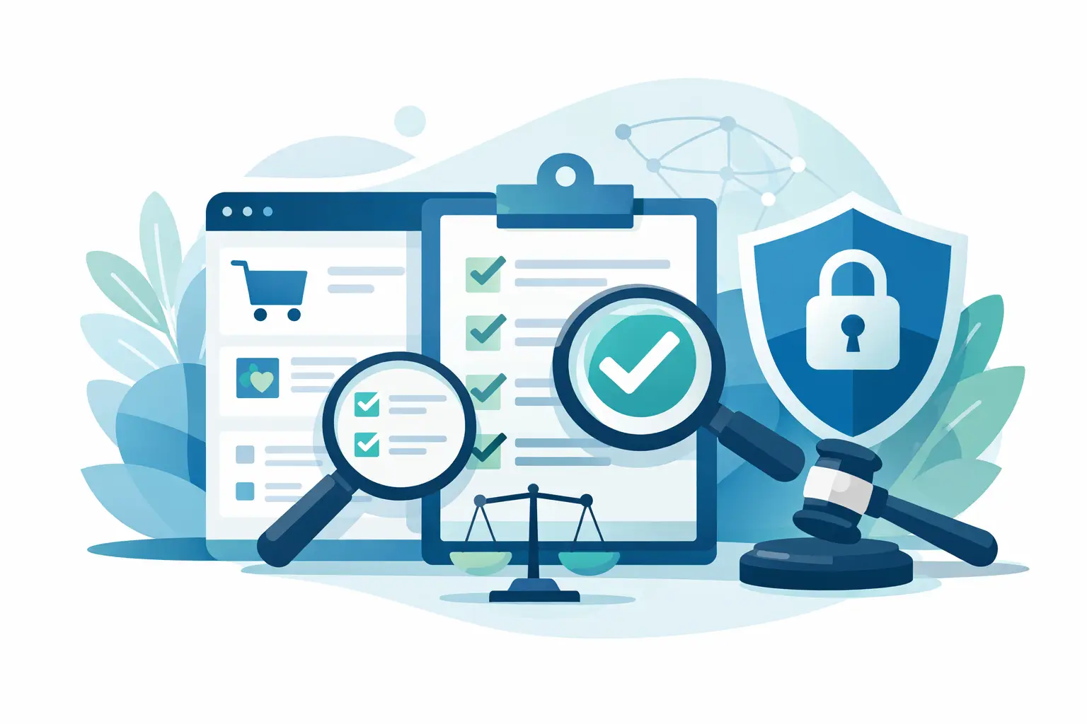 Abmahnschutz durch Prüfberichte Webshop - Webshop-Prüfbericht mit Checkliste, Lupe, Waage und Schutzschild