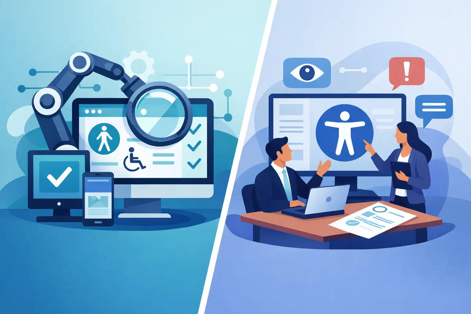 Automatischer Accessibility Scan vs Experten-Audit - Roboterarm mit Lupe prüft Website, daneben zwei Experten bei der manuellen Analyse