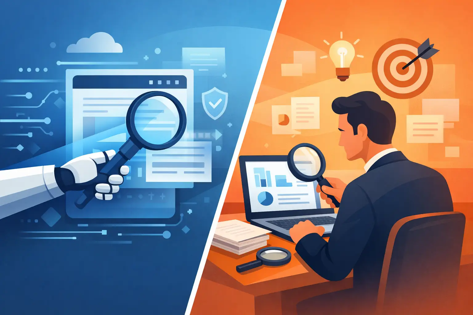 Automatischer Scan oder Expertenprüfung: Gegenüberstellung von automatisierter Website-Prüfung durch Roboterhand und manueller Analyse durch einen Experten am Laptop