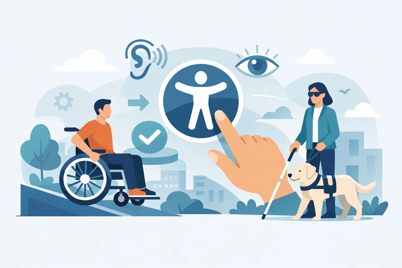 Barrierefreiheit einfach erklärt – Symbole für Inklusion mit Rollstuhlfahrer, Blindenführhund und Accessibility-Icon