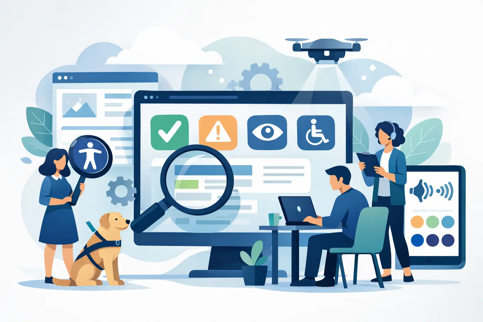 Barrierefreiheits-Scanner für Agenturen: Team analysiert einen Monitor mit Prüfsymbolen für Barrierefreiheit, Lupe und Accessibility-Icons