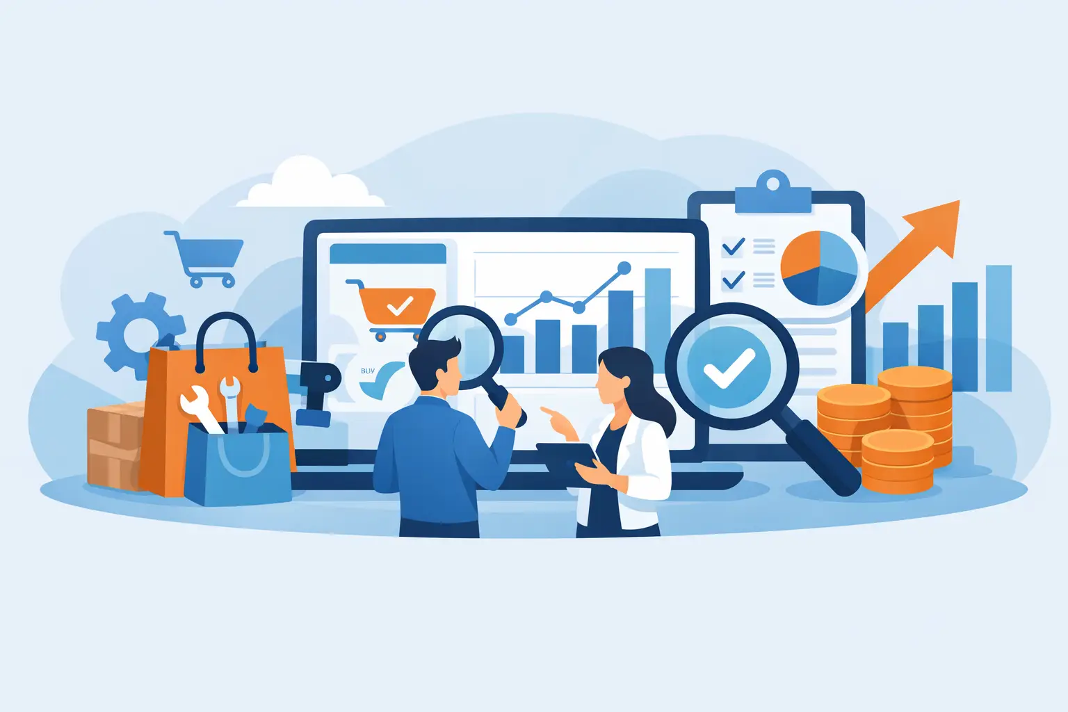 Beste BFSG Tools Shops im Praxis-Check: Team analysiert Shop-Daten am Monitor mit Lupen, Diagrammen und Checkliste zur Bewertung von Prüfwerkzeugen