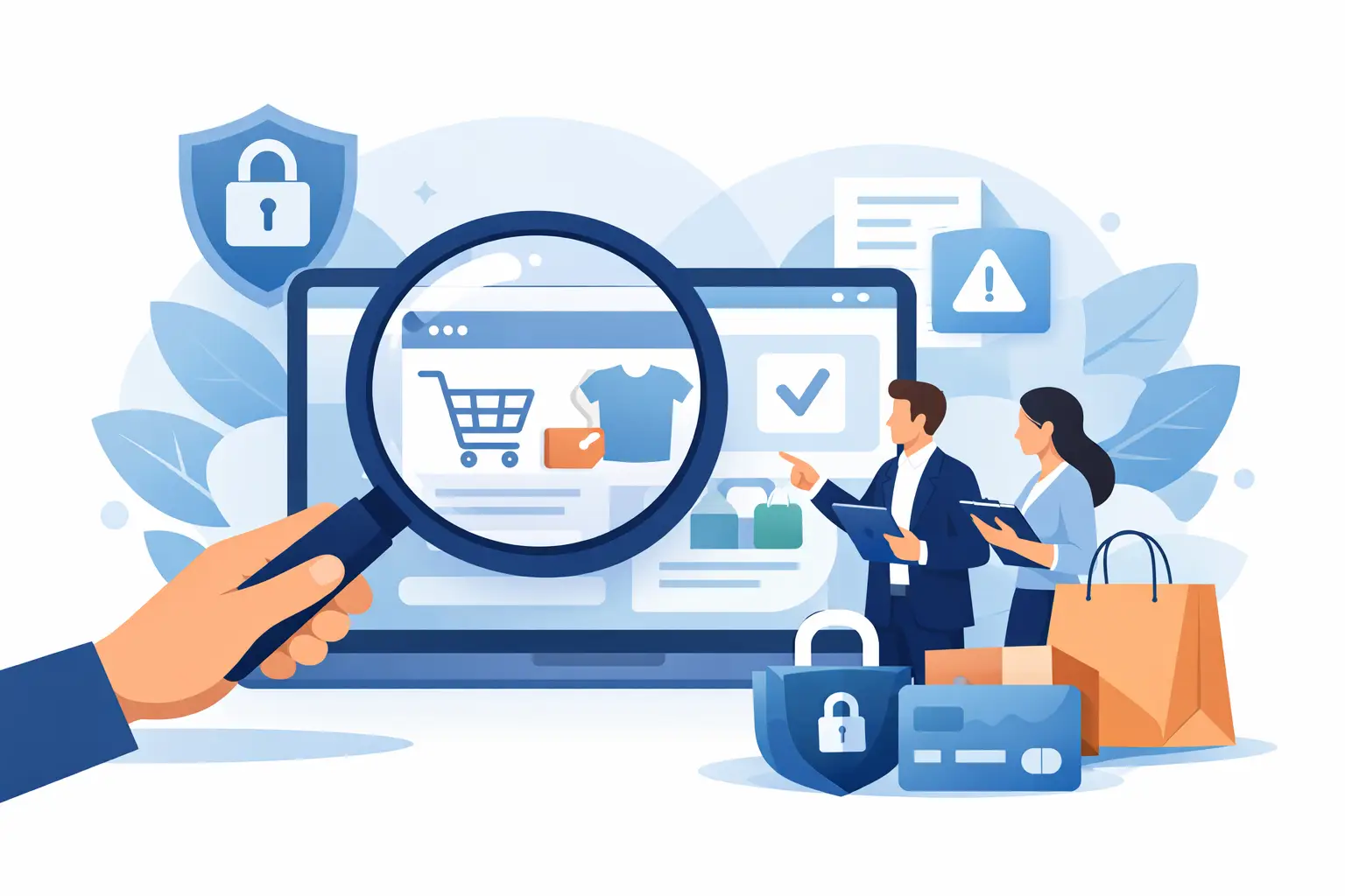 BFSG Check Online Shop: Zwei Personen prüfen einen Online-Shop auf Barrierefreiheit mit Lupe und Checkliste