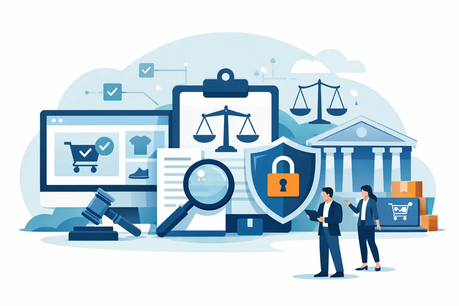 BFSG Pflichten Webshop 2026: Online-Shop mit Warenkorb, Waage, Schutzschild und Richterhammer als Symbole für rechtliche Anforderungen und Compliance