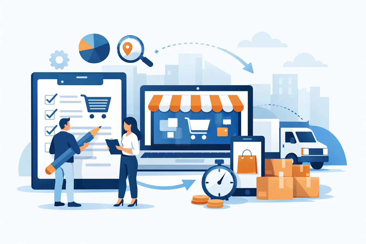 BFSG-Umsetzung im Online-Handel: Team prüft Online-Shop mit Checkliste, Lupe und Auswertungen rund um Bestellprozess, Versand und Conversion