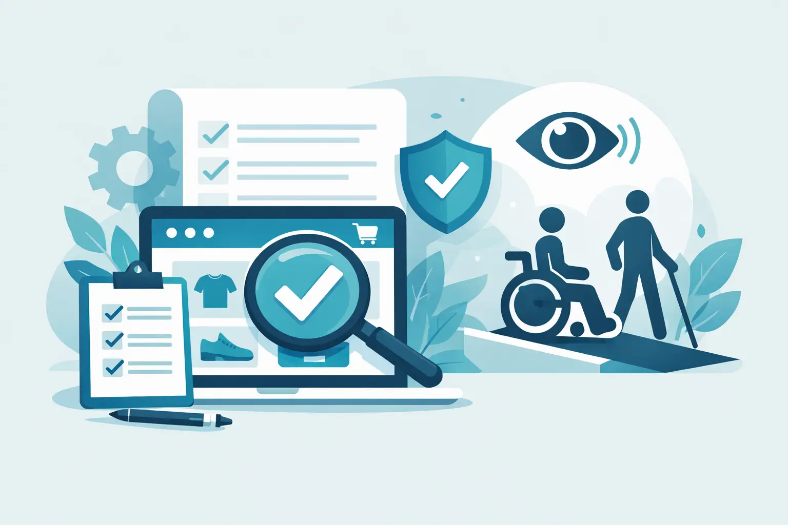 Dokumentationspflicht Barrierefreiheit Webshop - Laptop mit Barrierefreiheits-Checkliste, Schutzschild und Personen mit Behinderung
