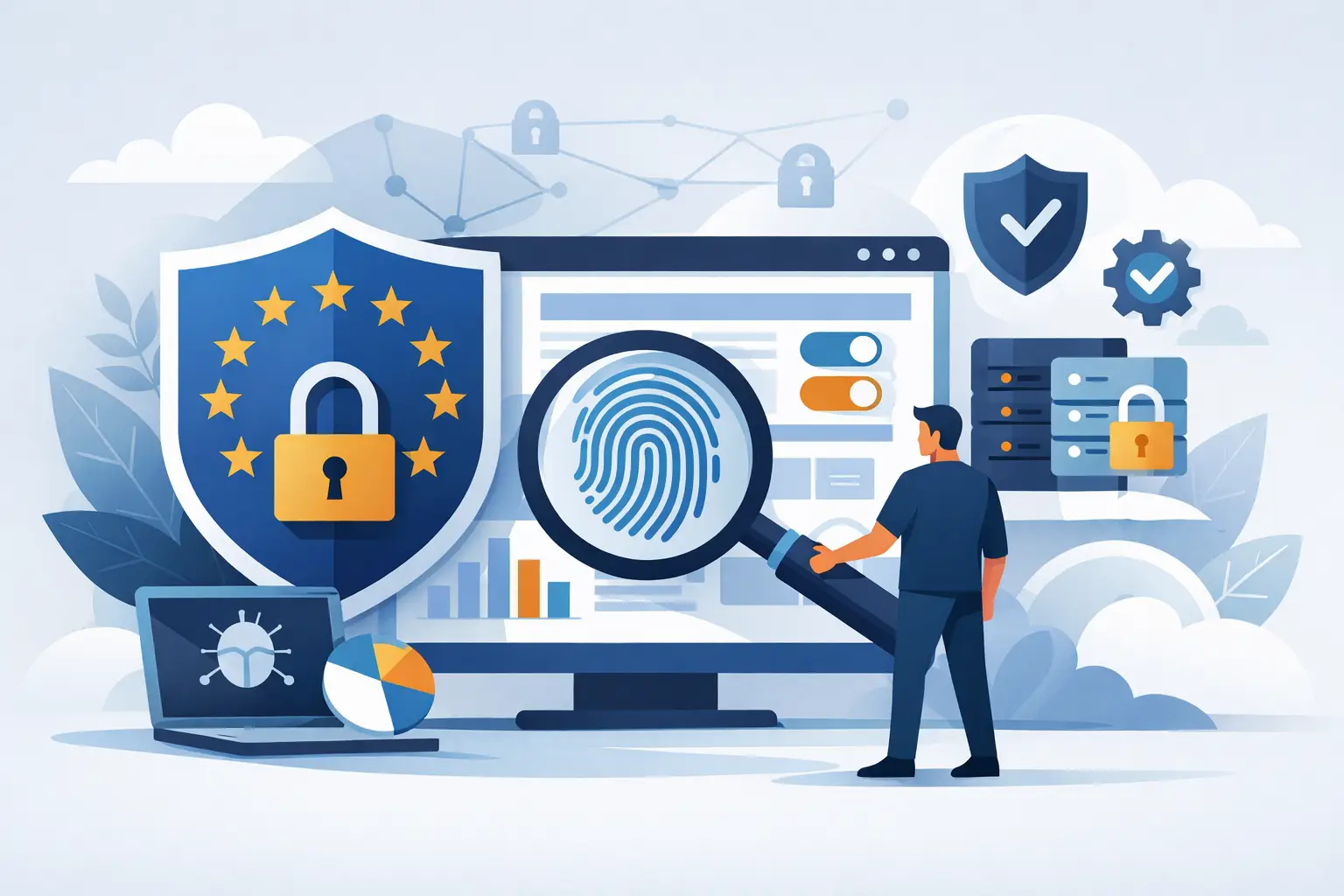 DSGVO-konformes Website-Scanning-Tool: Person prüft Barrierefreiheit auf einem Monitor mit EU-Datenschutz-Symbolen
