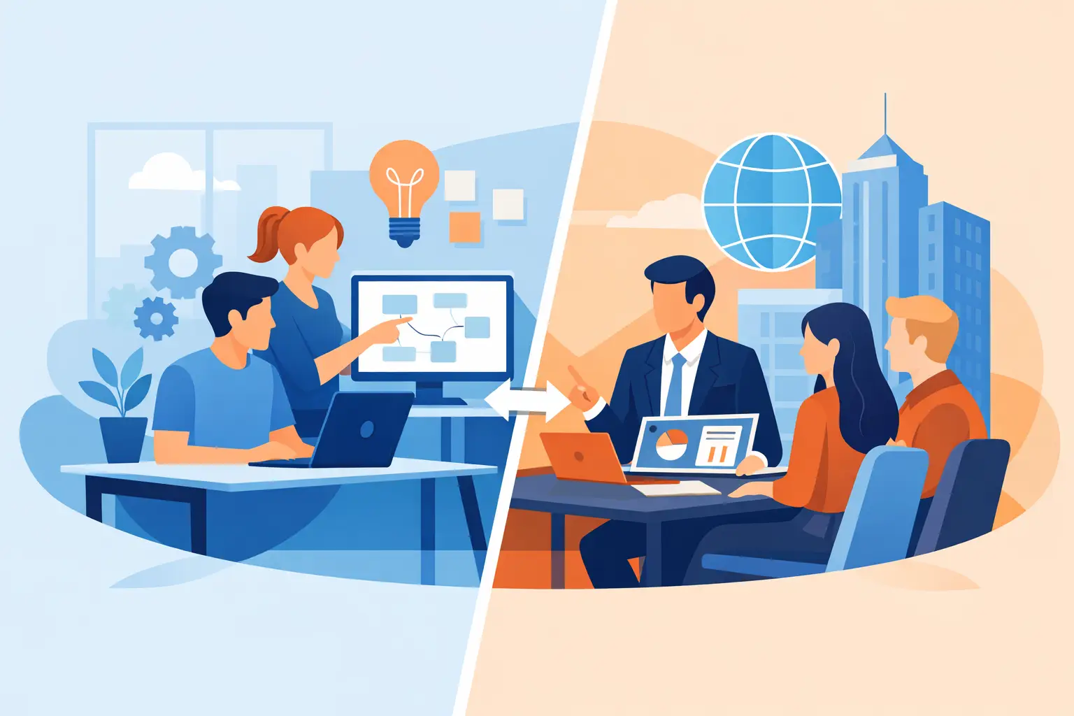 Barrierefreiheit intern umsetzen oder Agentur beauftragen: Internes Team arbeitet am Schreibtisch, daneben Agentur-Meeting mit Präsentation