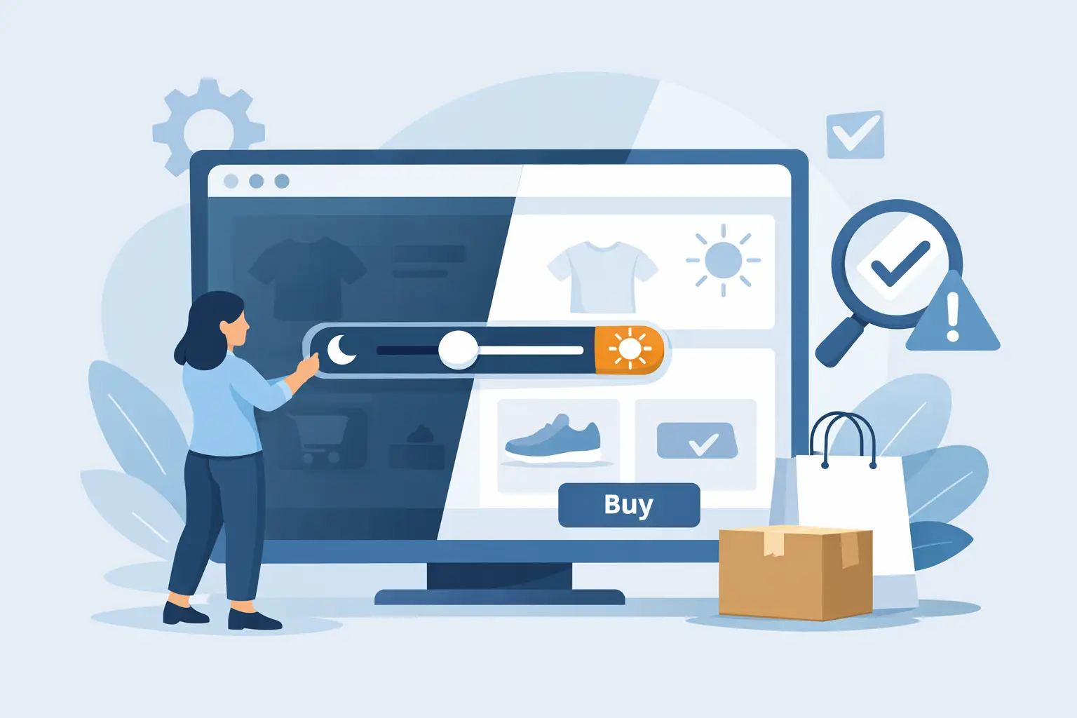 Kontrast Probleme im Shop schnell beheben: Person passt den Kontrast eines Online-Shops am Monitor an, mit Helligkeitsregler und Prüfsymbolen