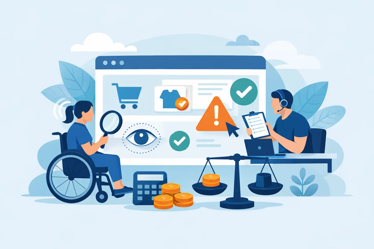 Kosten eines Accessibility Audits für einen Online-Shop mit Rollstuhlfahrerin, Prüfer, Waage und Münzen