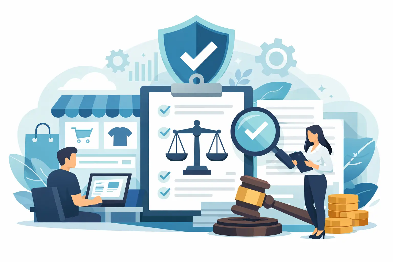 Leitfaden BFSG Compliance für Shop-Betreiber: Personen prüfen Compliance-Dokumente neben einem Online-Shop mit Waage und Richterhammer