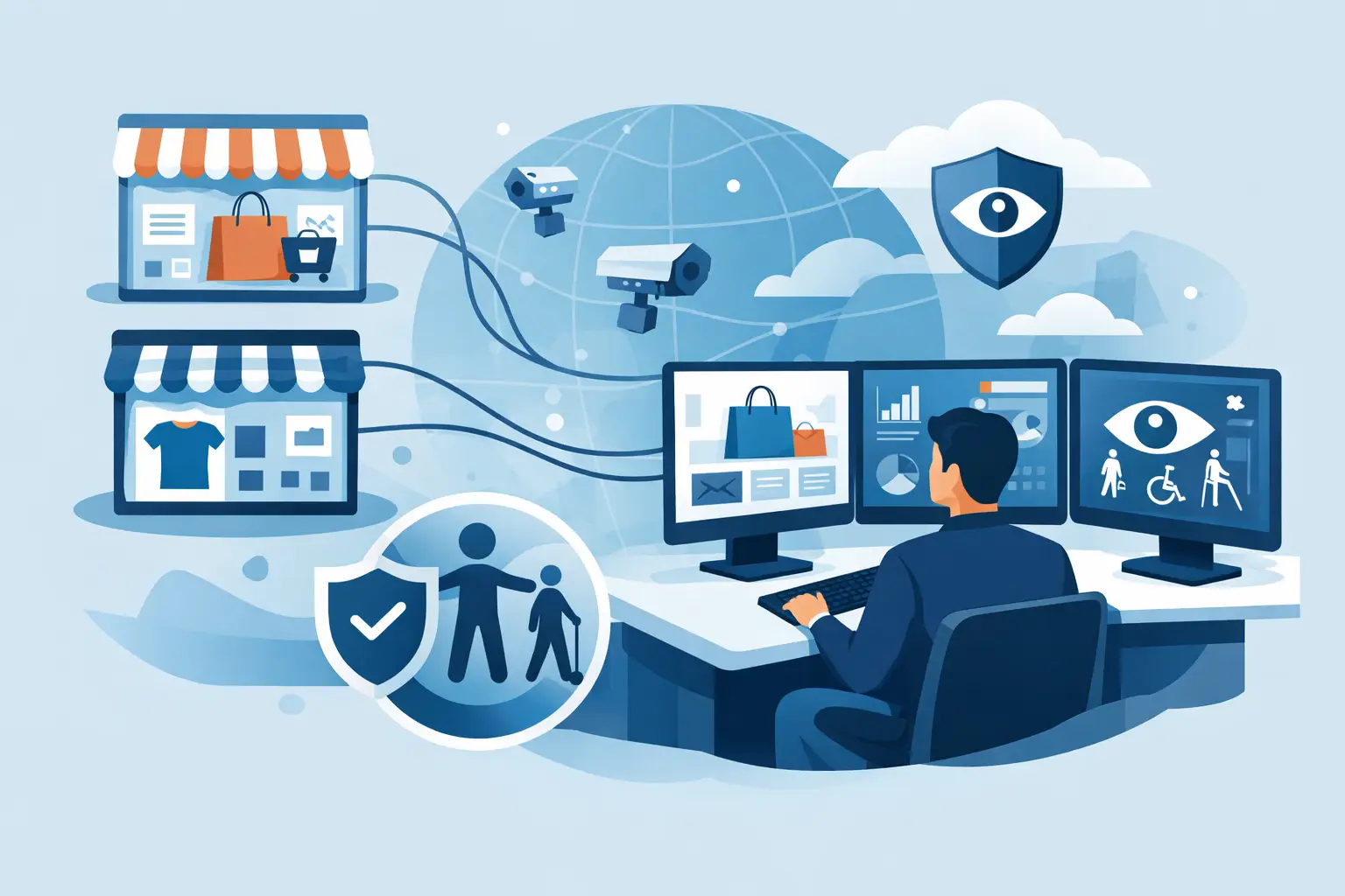 Person überwacht mehrere Online-Shops auf Barrierefreiheit an einem Dashboard mit Monitoring-Ansichten und Accessibility-Symbolen