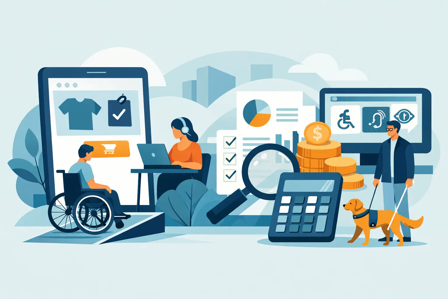 Shop Barrierefreiheit Kosten kalkulieren: Nutzer mit unterschiedlichen Bedürfnissen vor einem Online-Shop, daneben Taschenrechner, Münzen und Auswertungen zur Budgetplanung