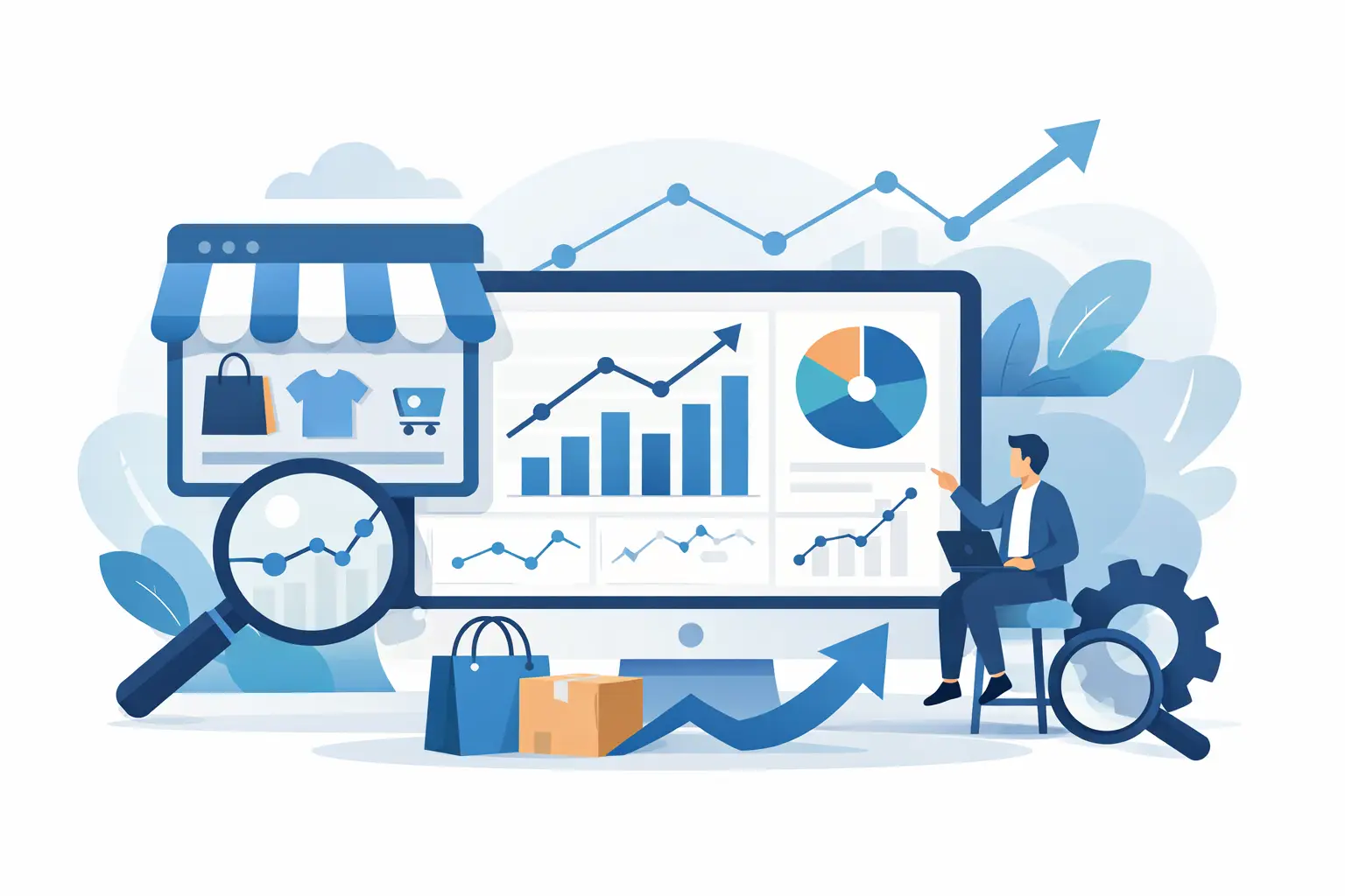 Shop Monitoring mit Verlaufsanalyse: Online-Shop mit Dashboard, Verlaufsdiagrammen, Lupe und Person am Laptop zur Analyse der Barrierefreiheit