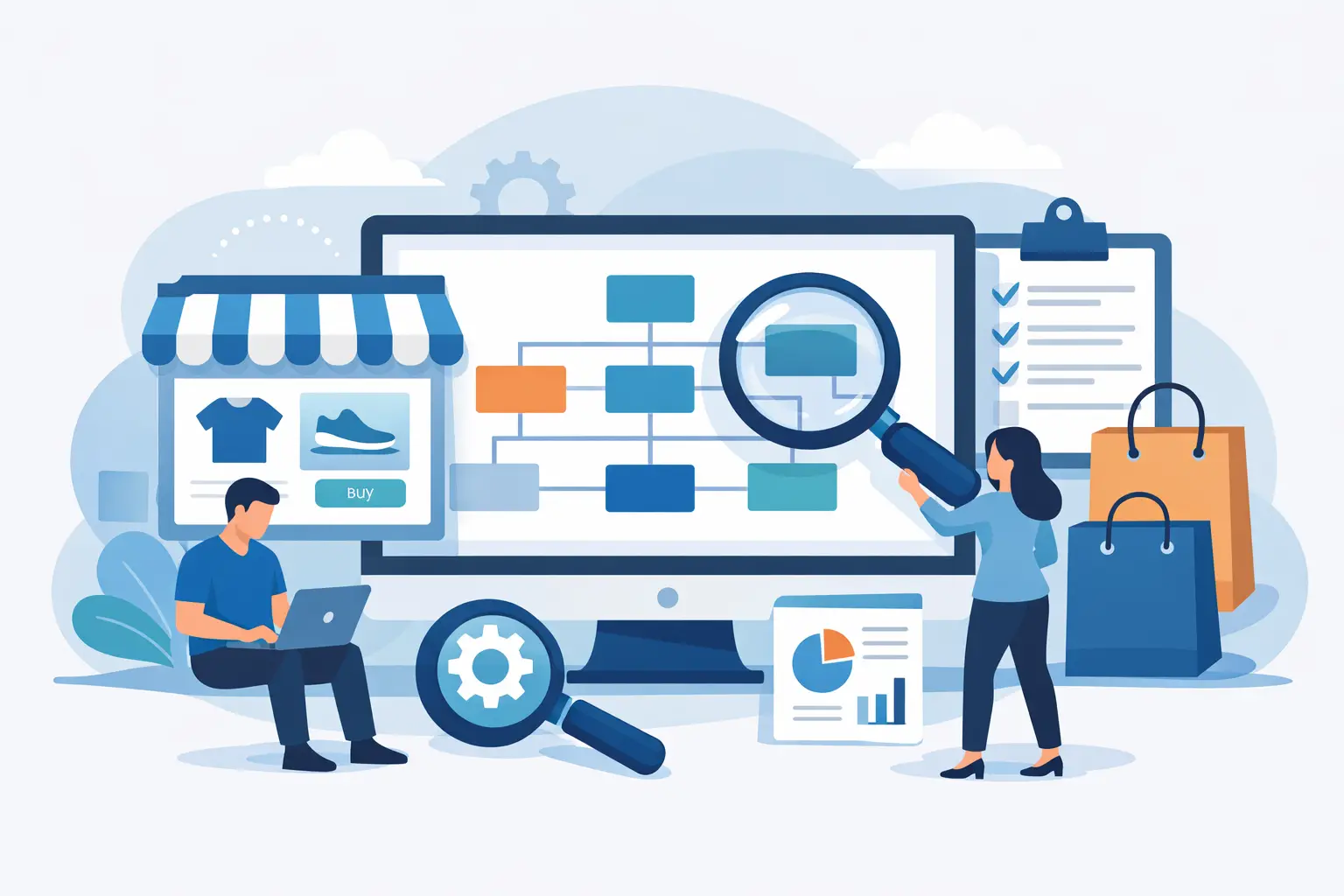 Sitemap-Scan für Webshop nutzen: Team analysiert eine Shop-Seitenstruktur am Monitor mit Lupe, Diagrammen und Checkliste