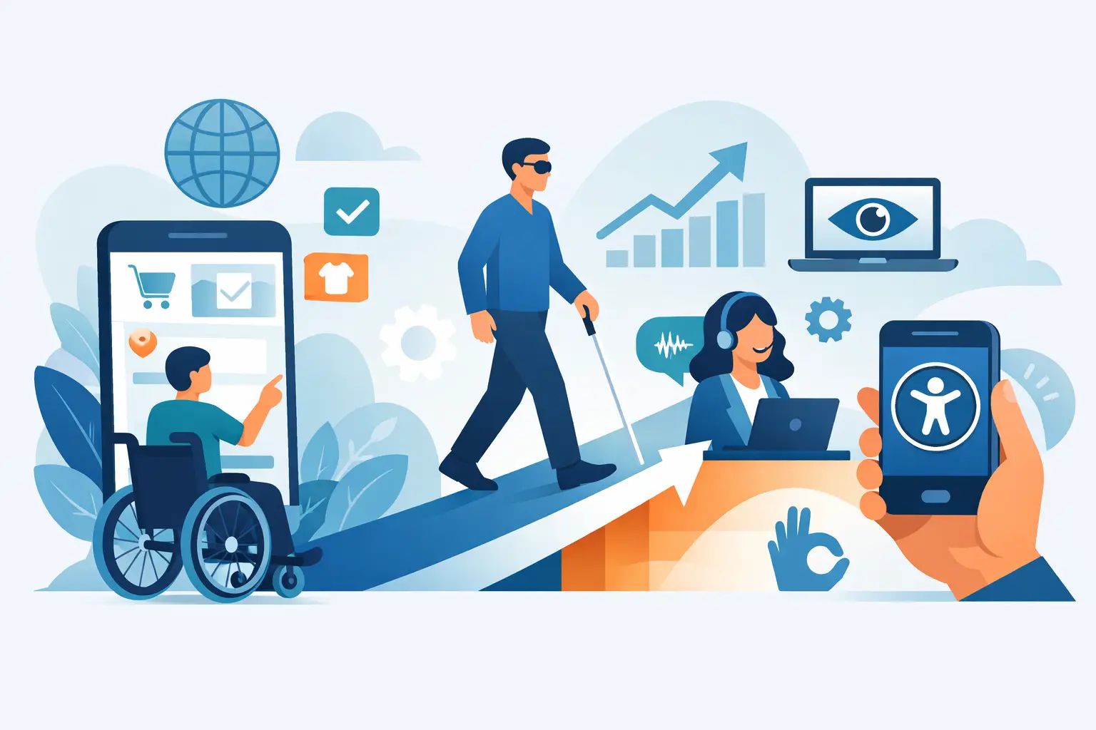 Trends Barrierefreiheit im E-Commerce 2025: Verschiedene Menschen nutzen barrierefreie digitale Angebote auf Smartphone, Laptop und Tablet
