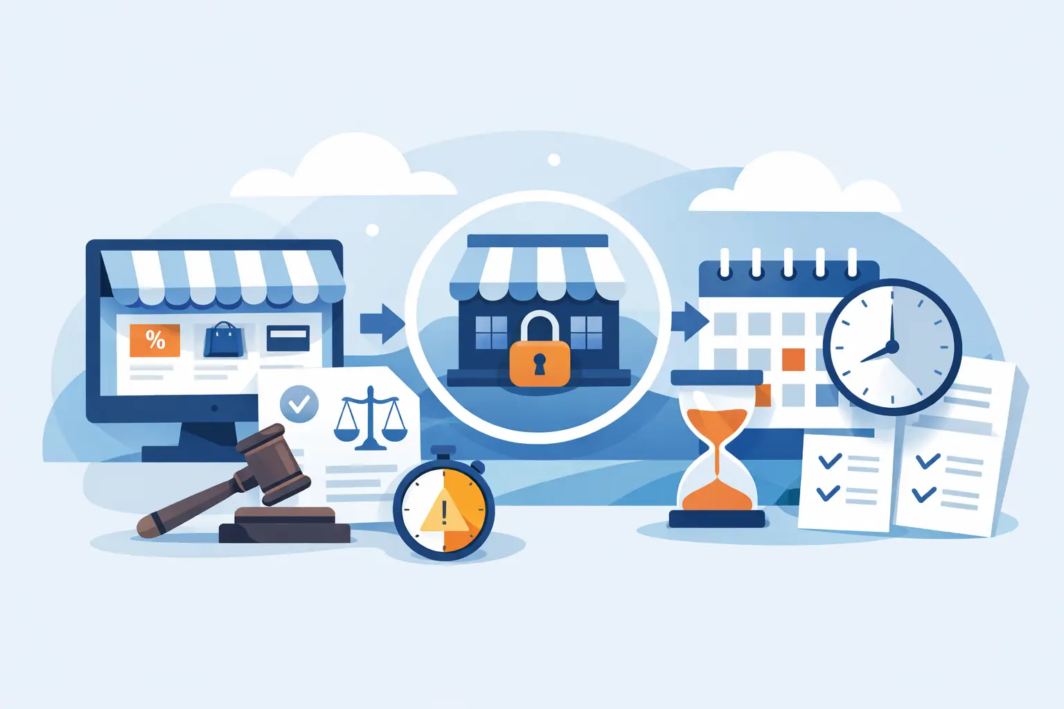 Wann gilt BFSG für Shops: Online-Shop mit Schloss-Symbol, Richterhammer, Kalender und Sanduhr als Symbole für Fristen und gesetzliche Pflichten