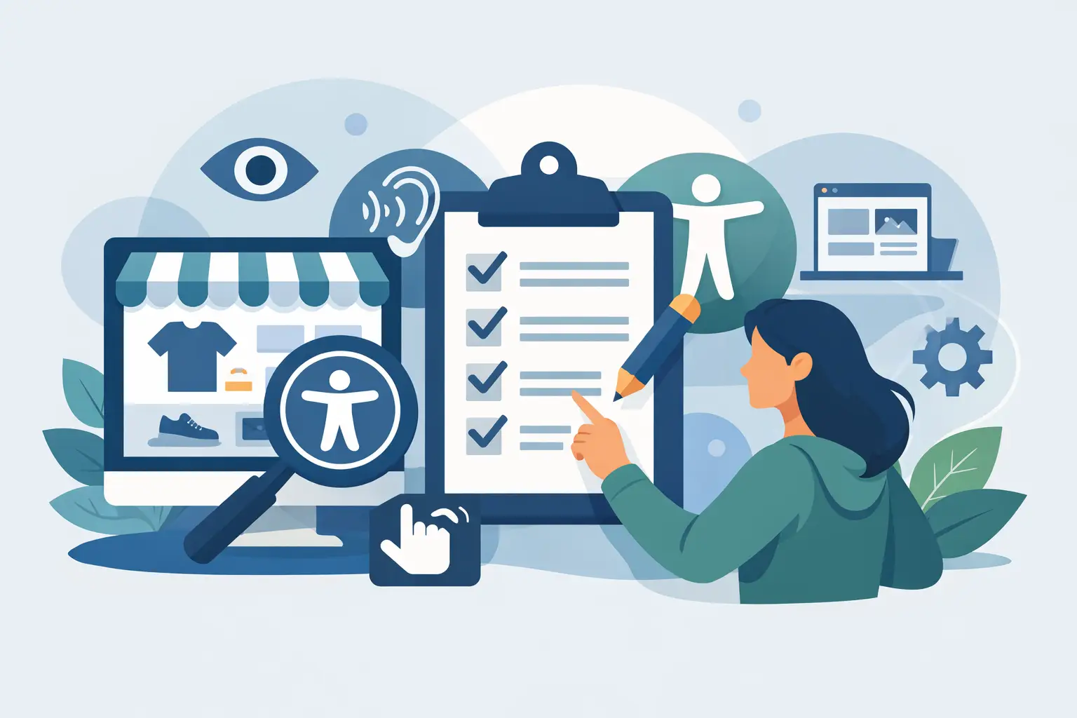 WCAG 2.1 AA Shop-Checkliste erstellen: Person prüft eine Barrierefreiheits-Checkliste neben einem Online-Shop auf einem Monitor