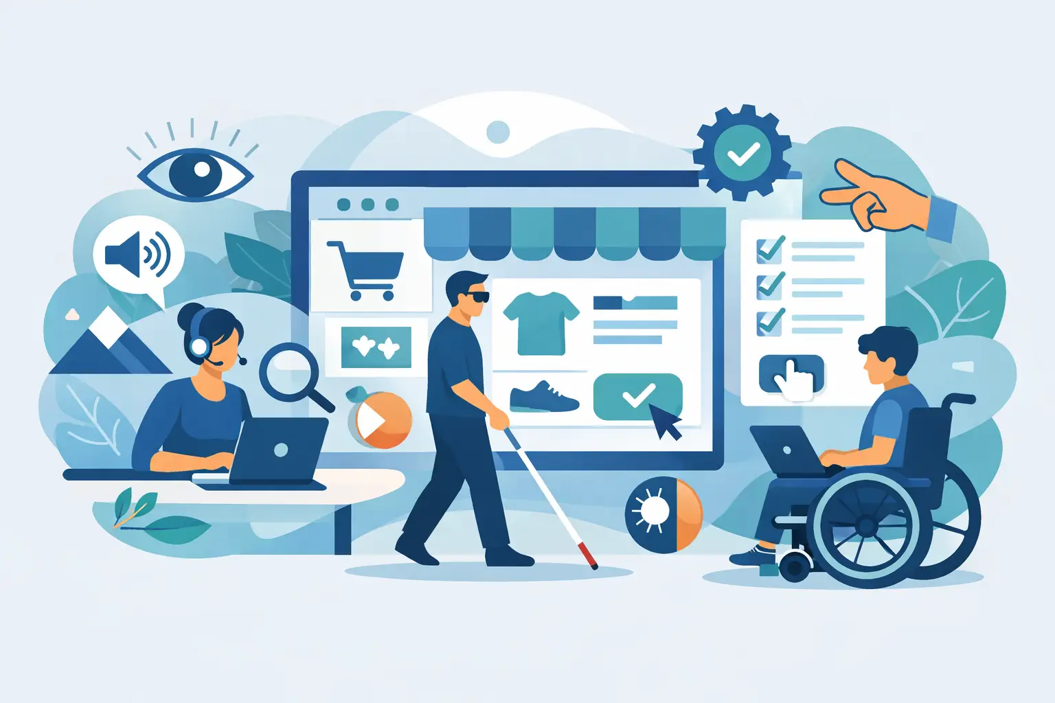 WCAG 2.1 AA Webshop richtig umsetzen: Verschiedene Nutzer mit Screenreader, Blindenstock und Rollstuhl interagieren mit einem barrierefreien Online-Shop