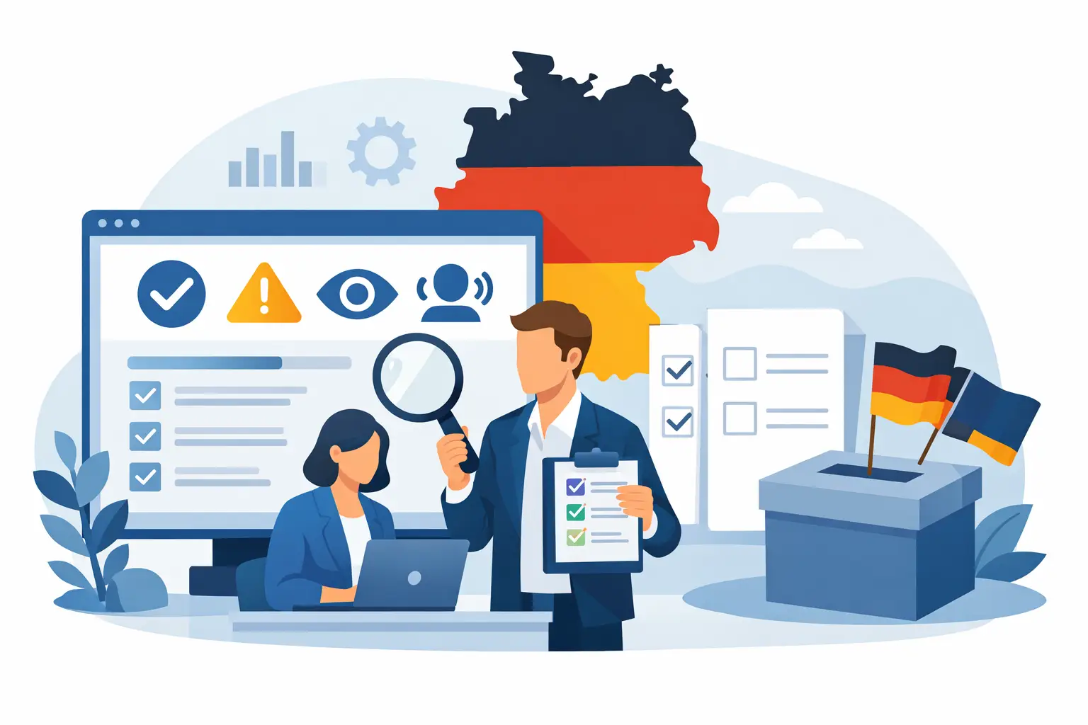 WCAG Reporting Tool Deutsch - Zwei Personen prüfen Barrierefreiheits-Report auf Deutsch mit Checklisten und Ampel-Logik