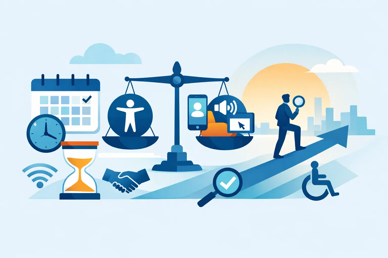 Welche Frist gilt für BFSG Barrierefreiheit 2026: Waage mit Accessibility-Symbol und digitalen Geräten, Kalender, Sanduhr und Person mit Lupe auf einem Aufwärtspfeil