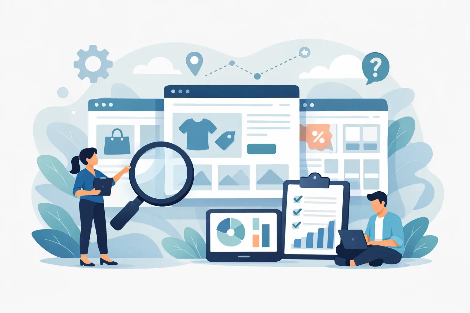 Welche Seiten im Shop prüfen: Personen analysieren verschiedene Shop-Bildschirme mit Lupe, Checklisten und Diagrammen zur Priorisierung
