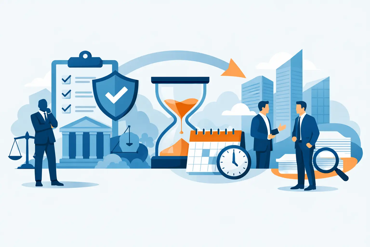 Wer muss BFSG erfüllen: Personen prüfen gesetzliche Anforderungen mit Checkliste, Waage, Sanduhr und Kalender als Symbole für Fristen und Verantwortung