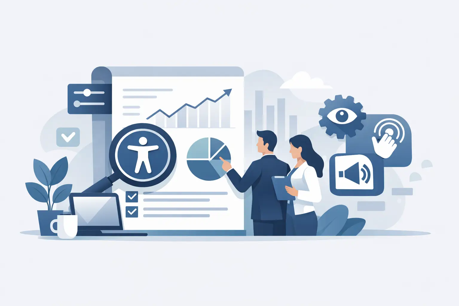 White Label Accessibility Report für Agenturen: Zwei Personen analysieren einen Barrierefreiheits-Bericht mit Diagrammen und Accessibility-Symbolen