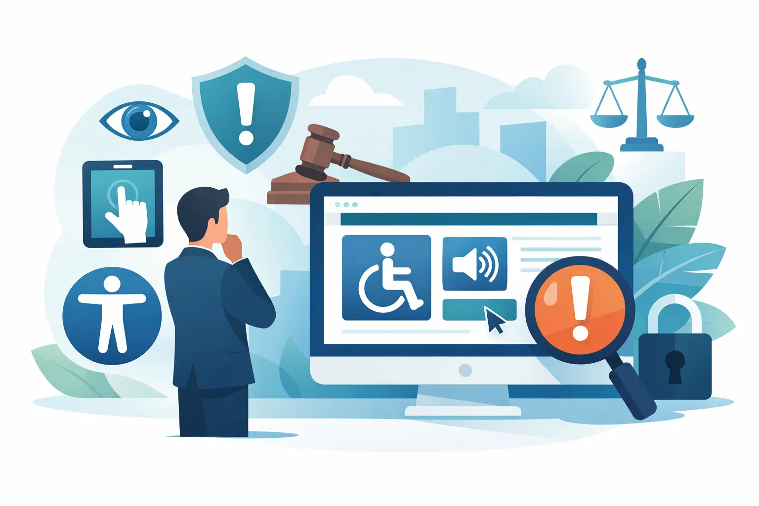 Shop-Betreiber prüft Barrierefreiheit auf einem Bildschirm mit Richterhammer, Warnsymbolen und Accessibility-Icons