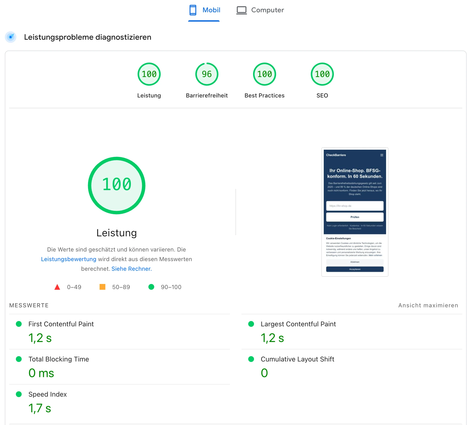 Google Lighthouse PageSpeed Insights für checkbarriere.de (Mobil): Leistung 100, Barrierefreiheit 96, Best Practices 100, SEO 100 – FCP 1,2 s, TBT 0 ms, CLS 0